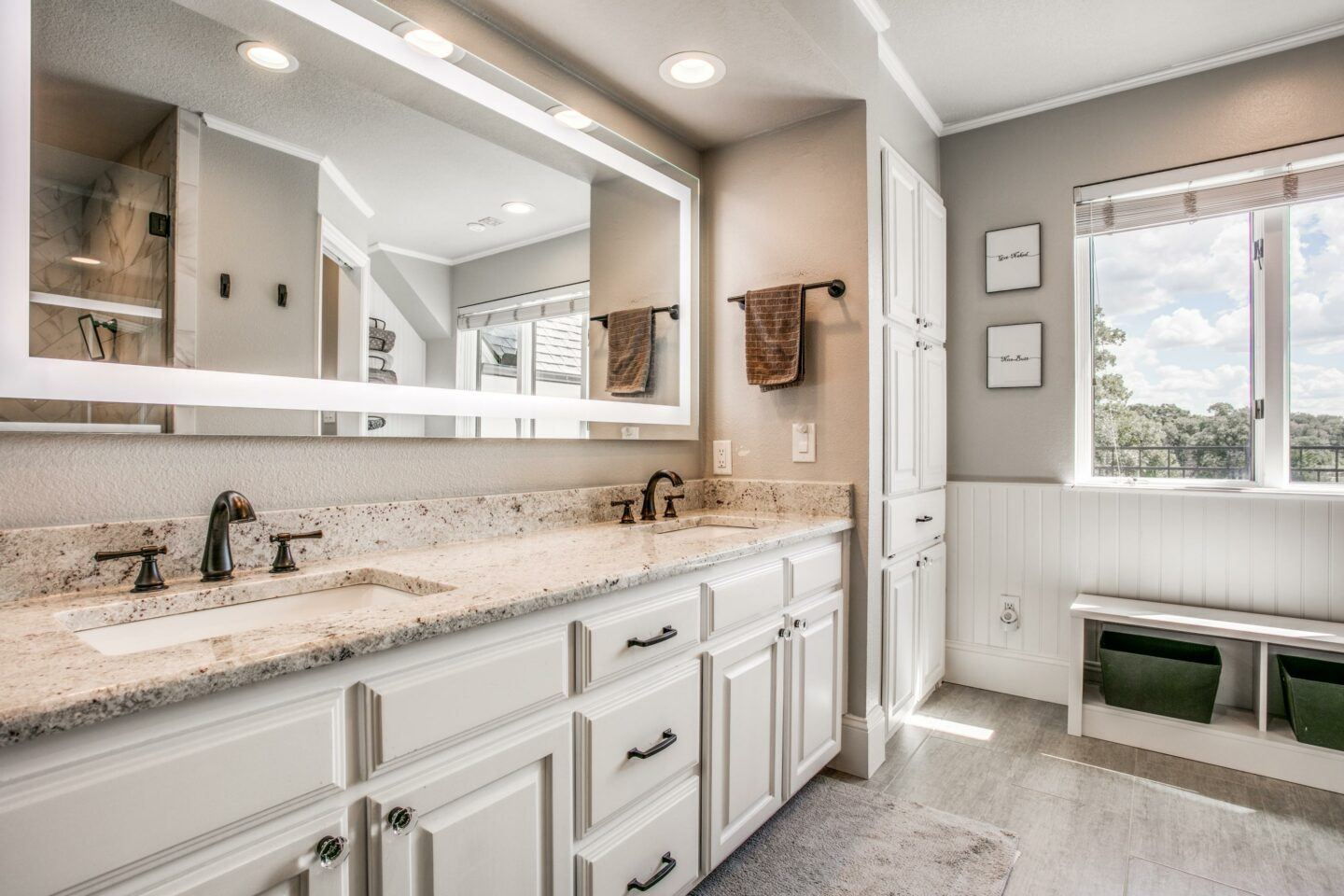 master bathroom with LED vanity mirror