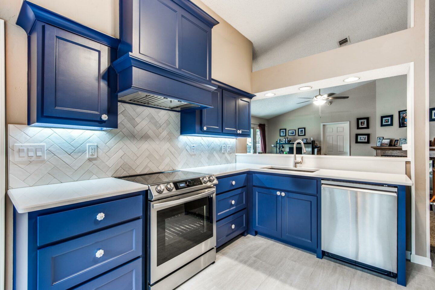 kitchen renovation with blue cabinets in flower mound